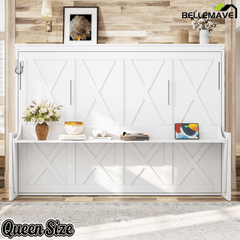 Bellemave® Full/Queen Size Murphy Bed with Desk & USB Charging Station, Solid Wood Slats - Bellemave