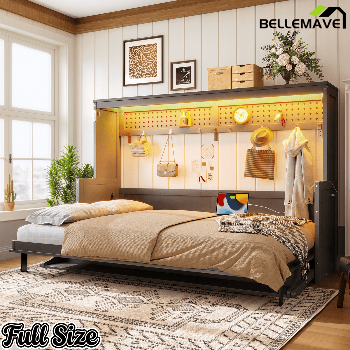 Bellemave® Full/Queen Size Murphy Bed with Desk & USB Charging Station, Solid Wood Slats - Bellemave