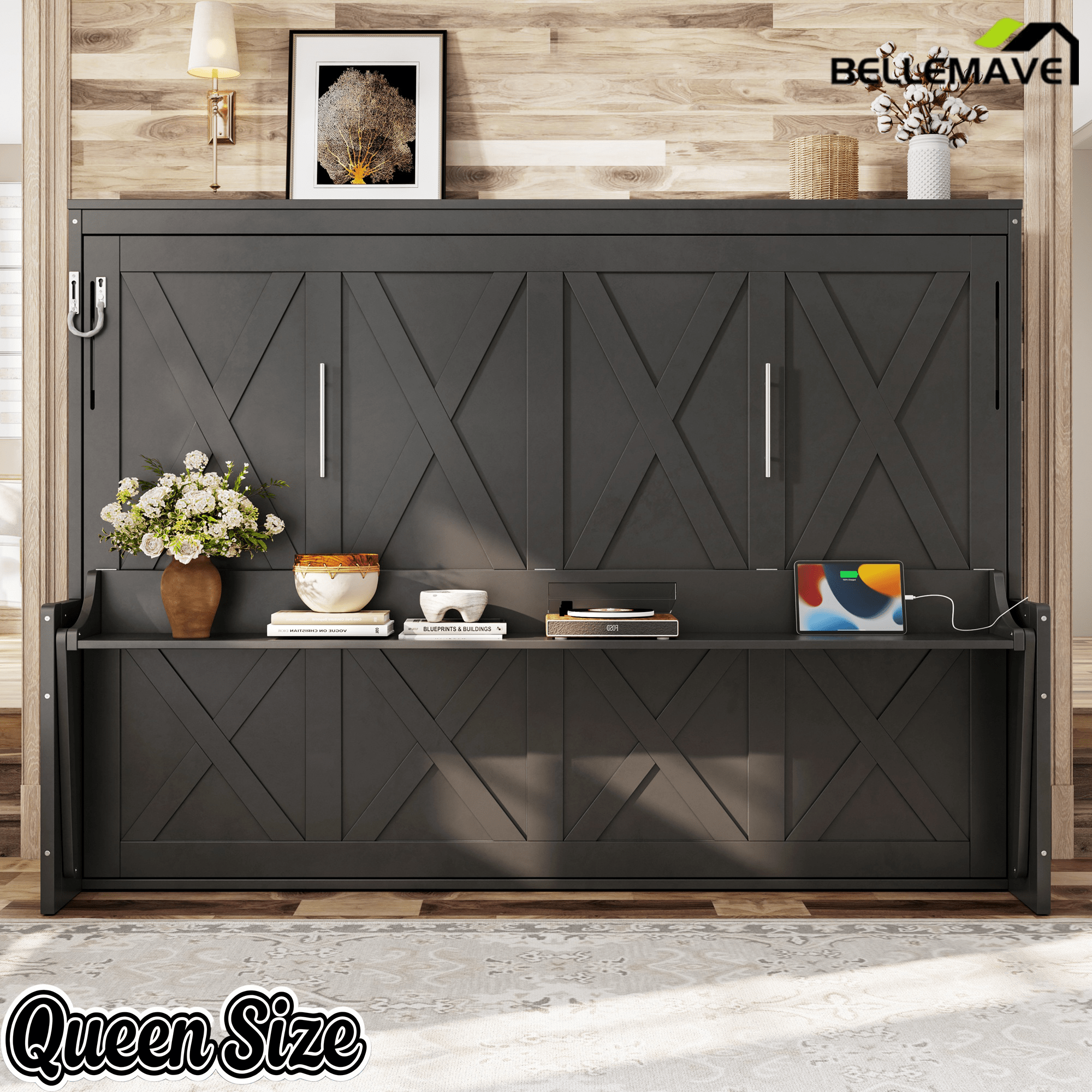 Bellemave® Full/Queen Size Murphy Bed with Desk & USB Charging Station, Solid Wood Slats - Bellemave
