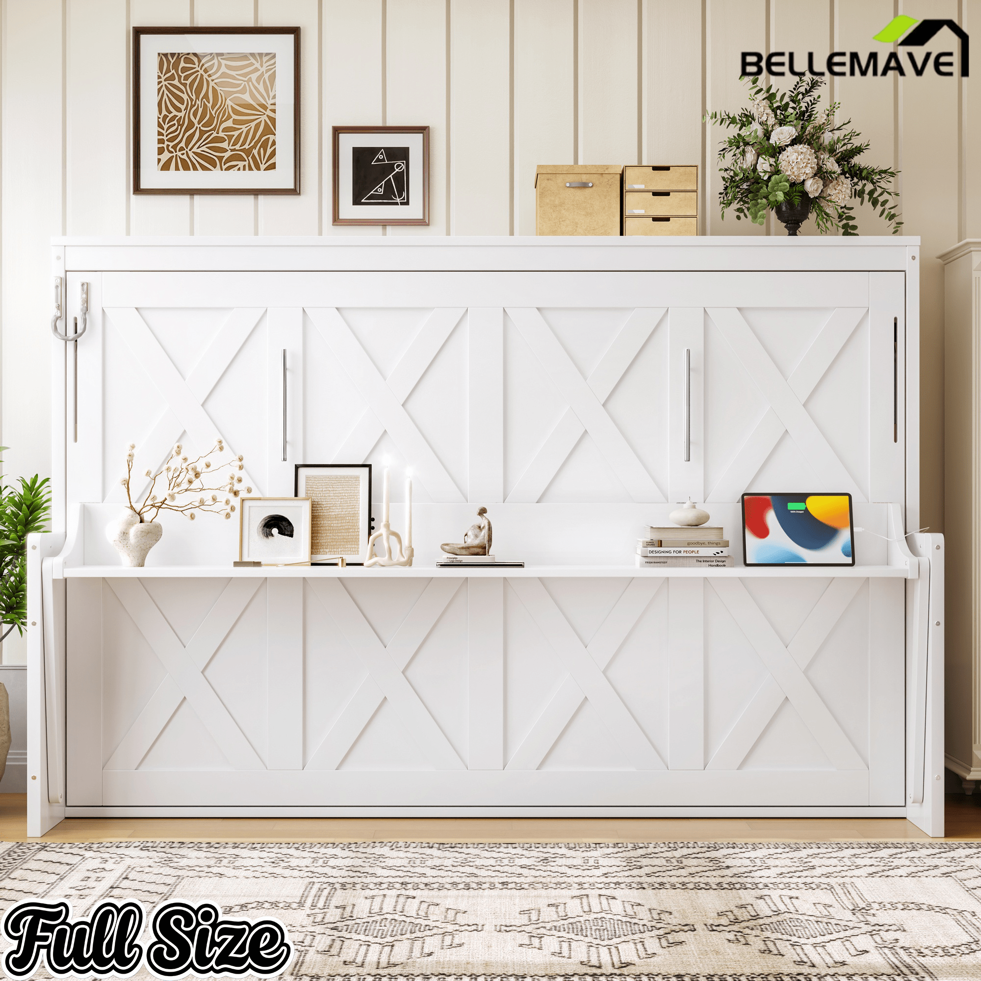 Bellemave® Full/Queen Size Murphy Bed with Desk & USB Charging Station, Solid Wood Slats - Bellemave