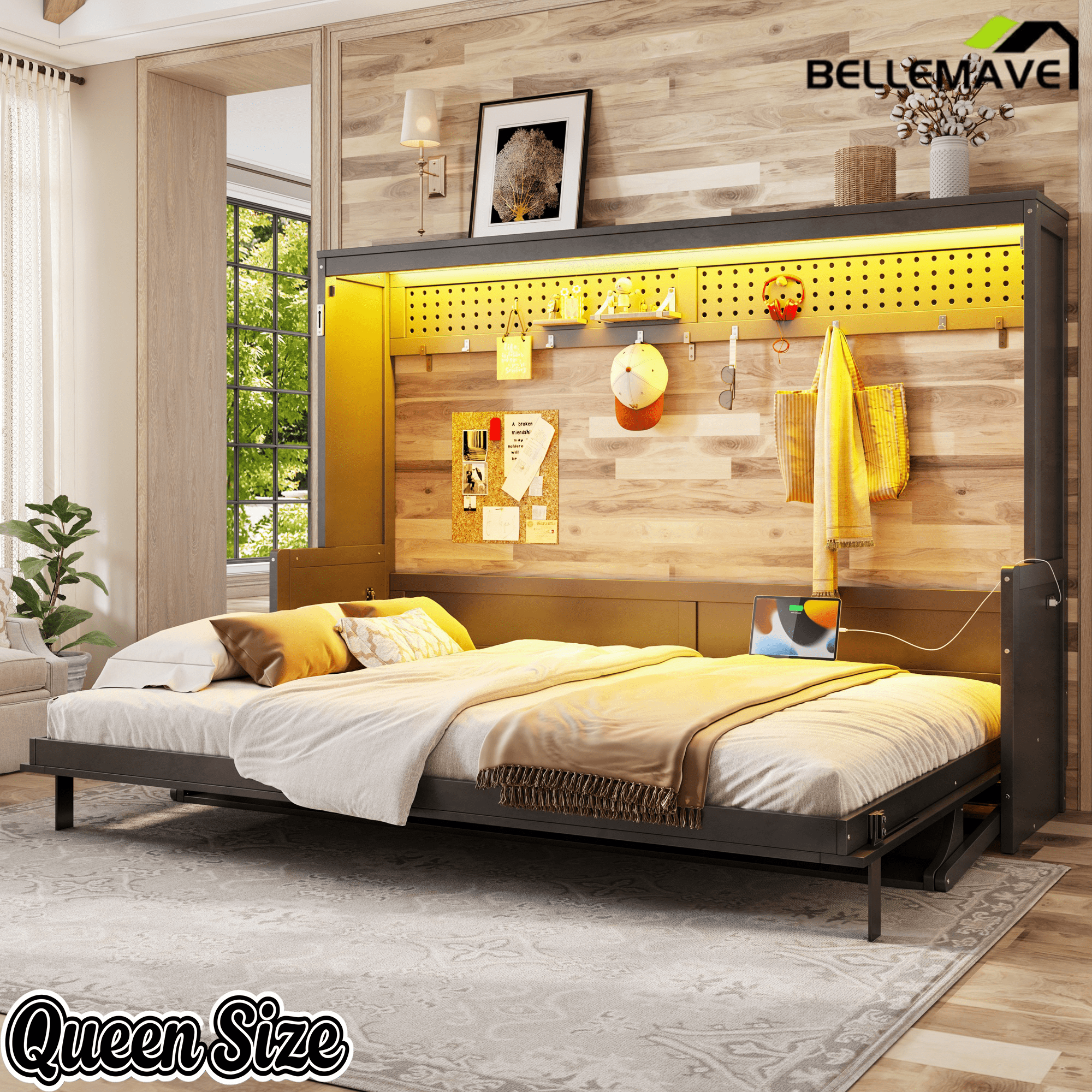 Bellemave® Full/Queen Size Murphy Bed with Desk & USB Charging Station, Solid Wood Slats - Bellemave