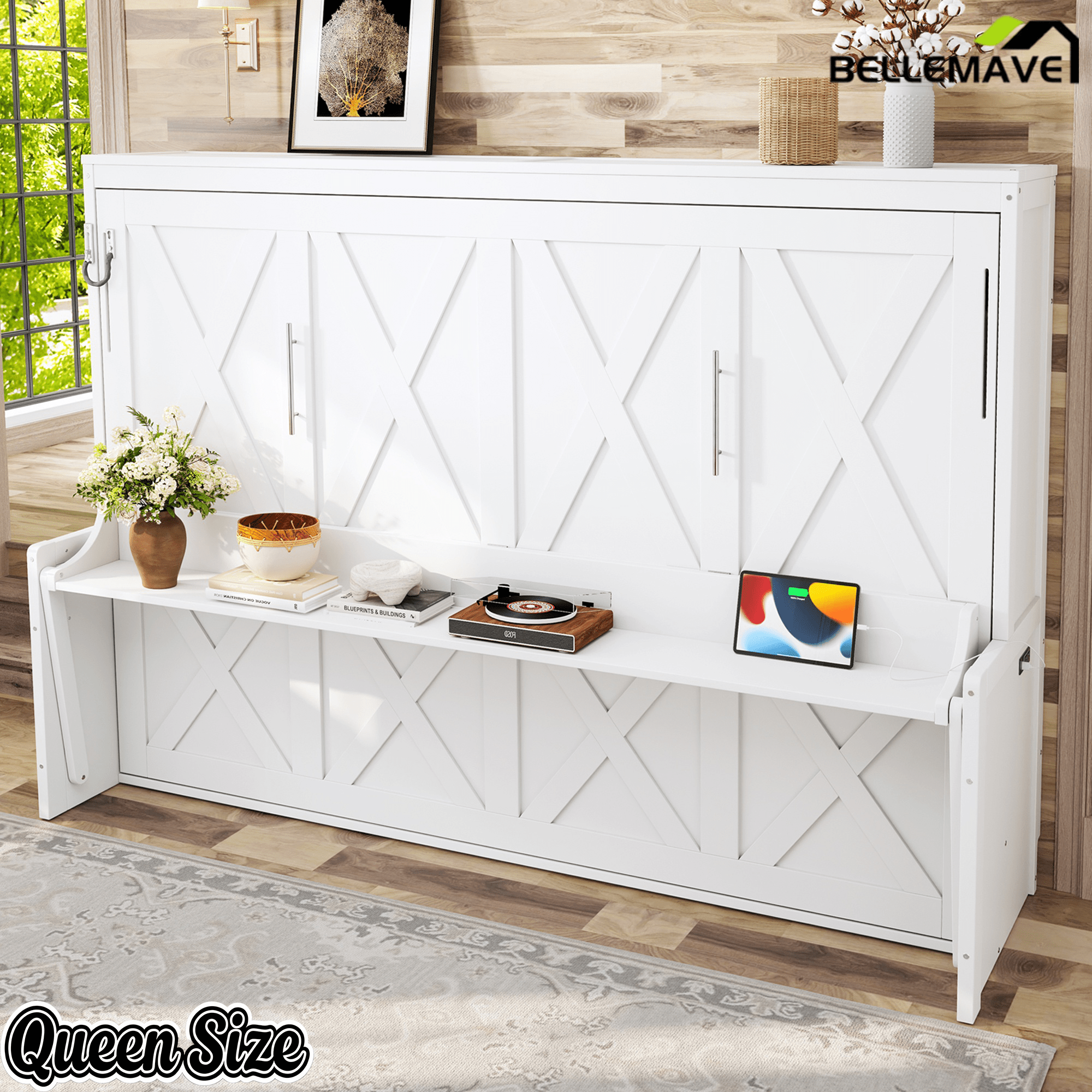 Bellemave® Full/Queen Size Murphy Bed with Desk & USB Charging Station, Solid Wood Slats - Bellemave