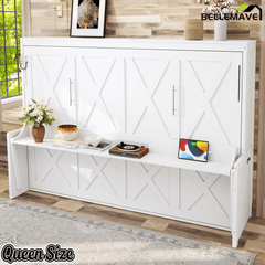 Bellemave® Full/Queen Size Murphy Bed with Desk & USB Charging Station, Solid Wood Slats - Bellemave