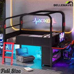 Bellemave® Gaming Bed with Side Desk & LED Lights, Metal Loft Bed with Storage Cabinets, USB Ports & Canopy Design for Kids Teens - Bellemave