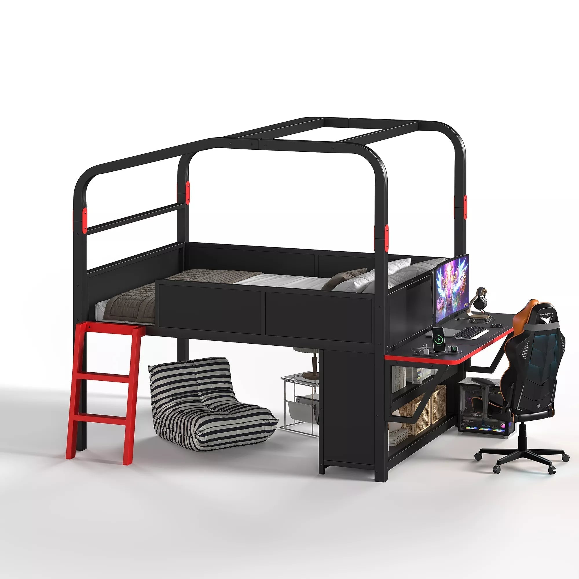 Bellemave® Gaming Bed with Side Desk & LED Lights, Metal Loft Bed with Storage Cabinets, USB Ports & Canopy Design for Kids Teens - Bellemave