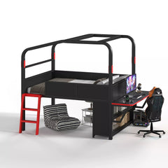 Bellemave® Gaming Bed with Side Desk & LED Lights, Metal Loft Bed with Storage Cabinets, USB Ports & Canopy Design for Kids Teens - Bellemave
