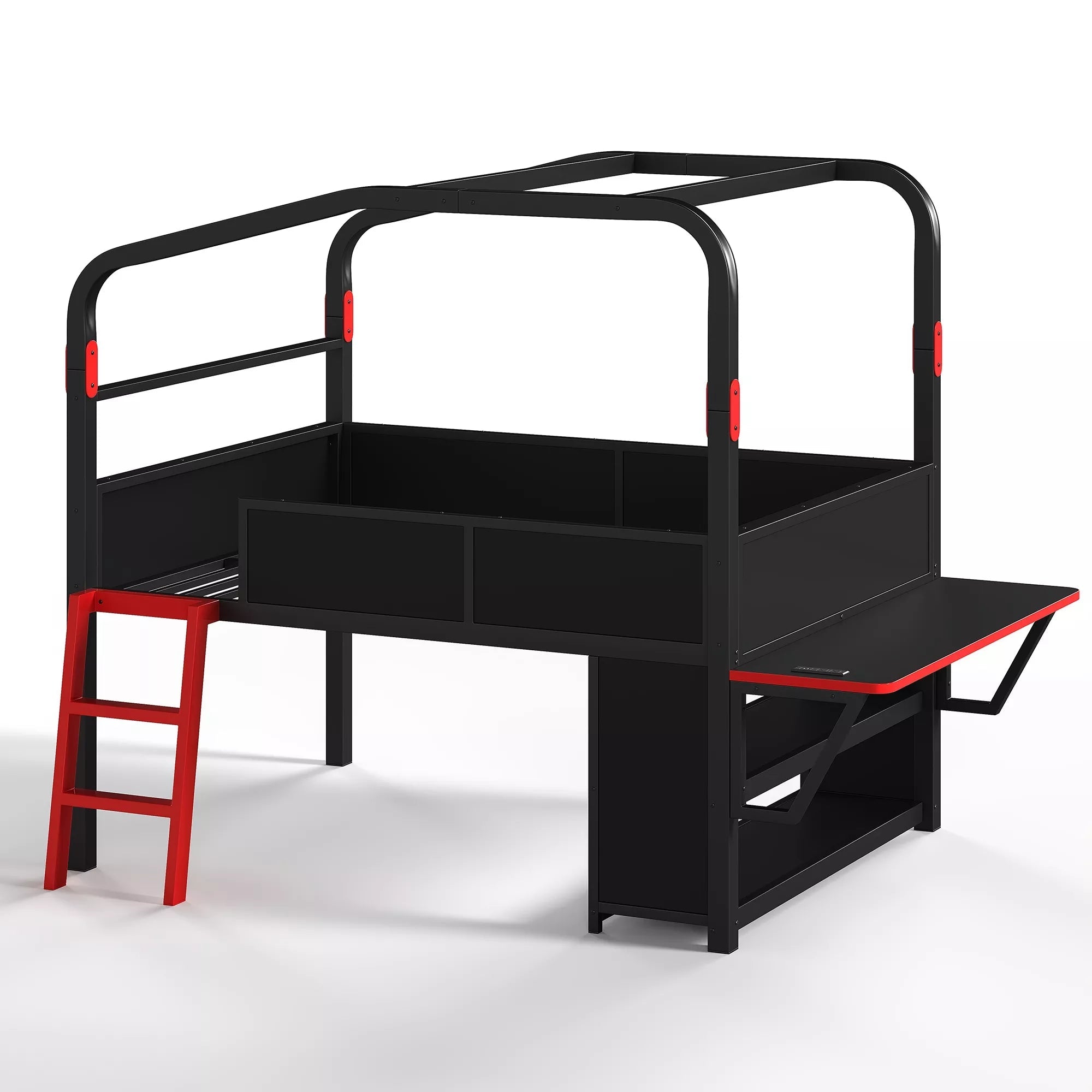 Bellemave® Gaming Bed with Side Desk & LED Lights, Metal Loft Bed with Storage Cabinets, USB Ports & Canopy Design for Kids Teens - Bellemave