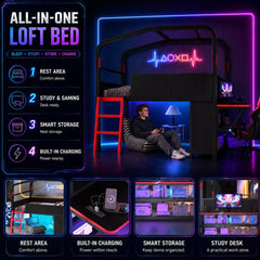 Bellemave® Gaming Bed with Side Desk & LED Lights, Metal Loft Bed with Storage Cabinets, USB Ports & Canopy Design for Kids Teens - Bellemave