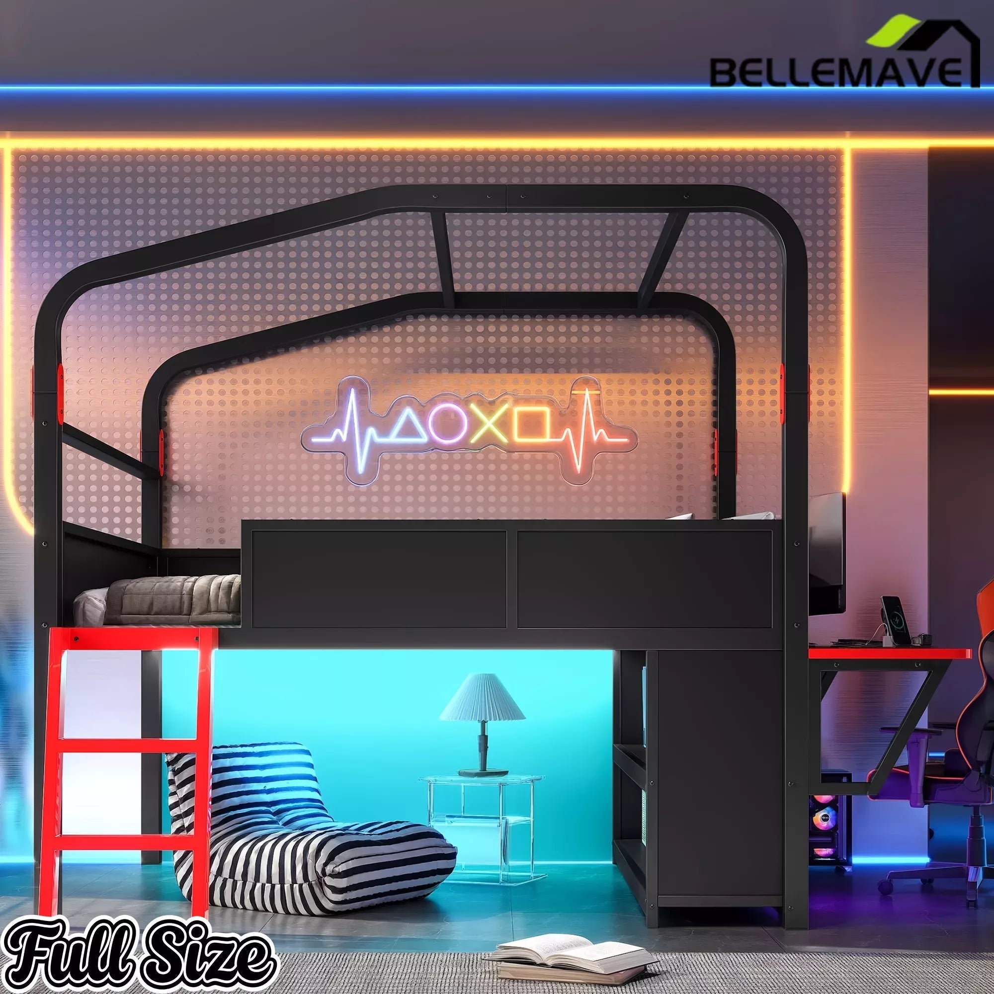 Bellemave® Gaming Bed with Side Desk & LED Lights, Metal Loft Bed with Storage Cabinets, USB Ports & Canopy Design for Kids Teens - Bellemave