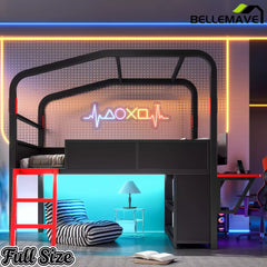 Bellemave® Gaming Bed with Side Desk & LED Lights, Metal Loft Bed with Storage Cabinets, USB Ports & Canopy Design for Kids Teens - Bellemave