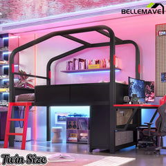 Bellemave® Gaming Bed with Side Desk & LED Lights, Metal Loft Bed with Storage Cabinets, USB Ports & Canopy Design for Kids Teens - Bellemave