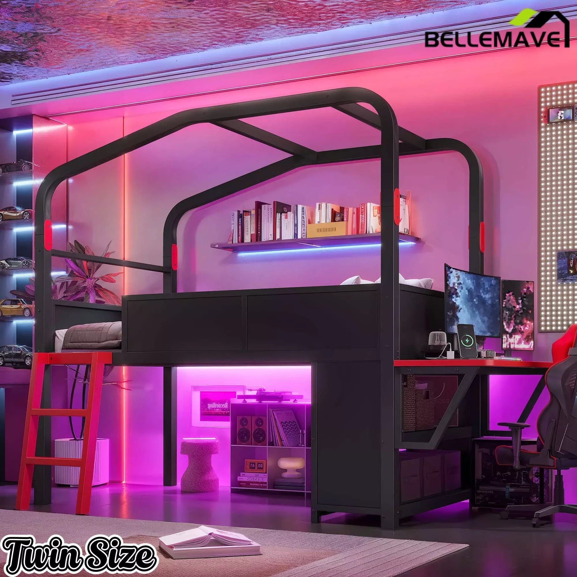 Bellemave® Gaming Bed with Side Desk & LED Lights, Metal Loft Bed with Storage Cabinets, USB Ports & Canopy Design for Kids Teens - Bellemave