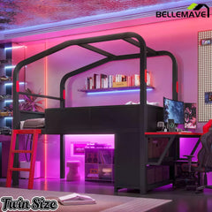 Bellemave® Gaming Bed with Side Desk & LED Lights, Metal Loft Bed with Storage Cabinets, USB Ports & Canopy Design for Kids Teens - Bellemave
