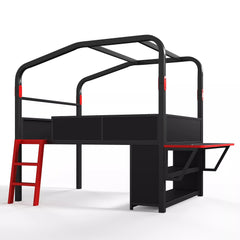 Bellemave® Gaming Bed with Side Desk & LED Lights, Metal Loft Bed with Storage Cabinets, USB Ports & Canopy Design for Kids Teens - Bellemave