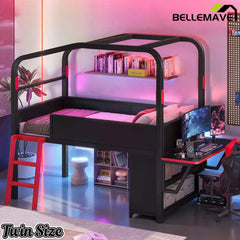 Bellemave® Gaming Bed with Side Desk & LED Lights, Metal Loft Bed with Storage Cabinets, USB Ports & Canopy Design for Kids Teens - Bellemave