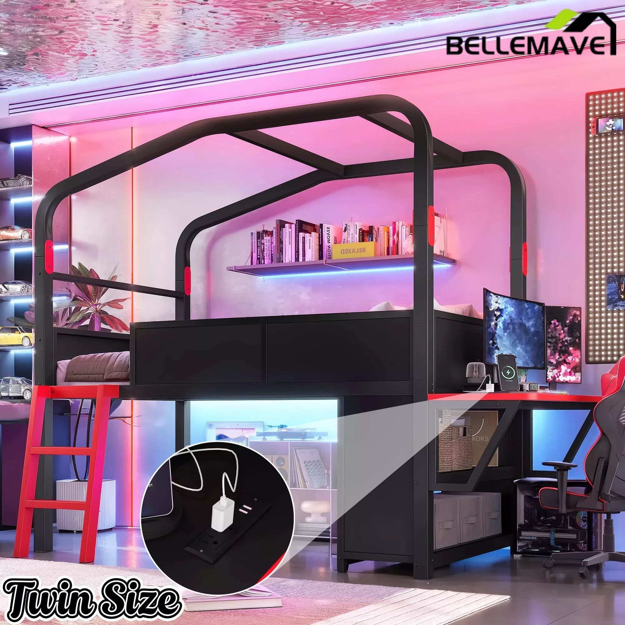 Bellemave® Gaming Bed with Side Desk & LED Lights, Metal Loft Bed with Storage Cabinets, USB Ports & Canopy Design for Kids Teens - Bellemave