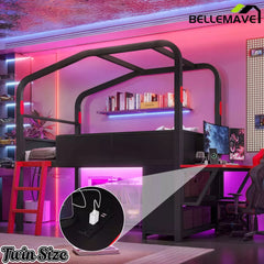 Bellemave® Gaming Bed with Side Desk & LED Lights, Metal Loft Bed with Storage Cabinets, USB Ports & Canopy Design for Kids Teens - Bellemave