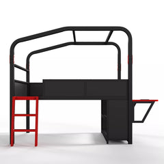 Bellemave® Gaming Bed with Side Desk & LED Lights, Metal Loft Bed with Storage Cabinets, USB Ports & Canopy Design for Kids Teens - Bellemave