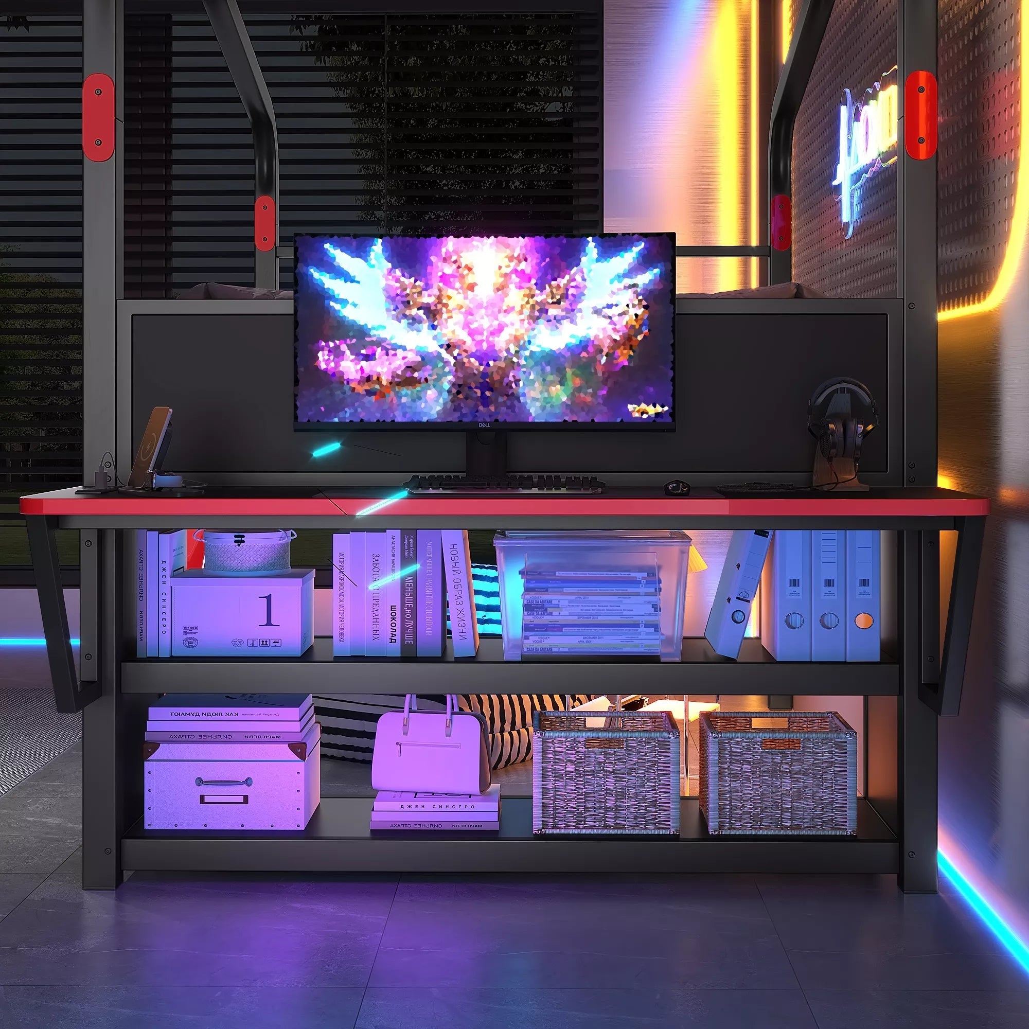 Bellemave® Gaming Bed with Side Desk & LED Lights, Metal Loft Bed with Storage Cabinets, USB Ports & Canopy Design for Kids Teens - Bellemave