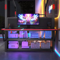 Bellemave® Gaming Bed with Side Desk & LED Lights, Metal Loft Bed with Storage Cabinets, USB Ports & Canopy Design for Kids Teens - Bellemave