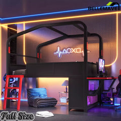 Bellemave® Gaming Bed with Side Desk & LED Lights, Metal Loft Bed with Storage Cabinets, USB Ports & Canopy Design for Kids Teens - Bellemave
