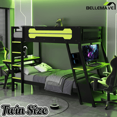Bellemave® Gaming Bunk Bed with Desk, Storage & Charging Station, Wood Gamer Bunk Bed with 2 Desks - Bellemave