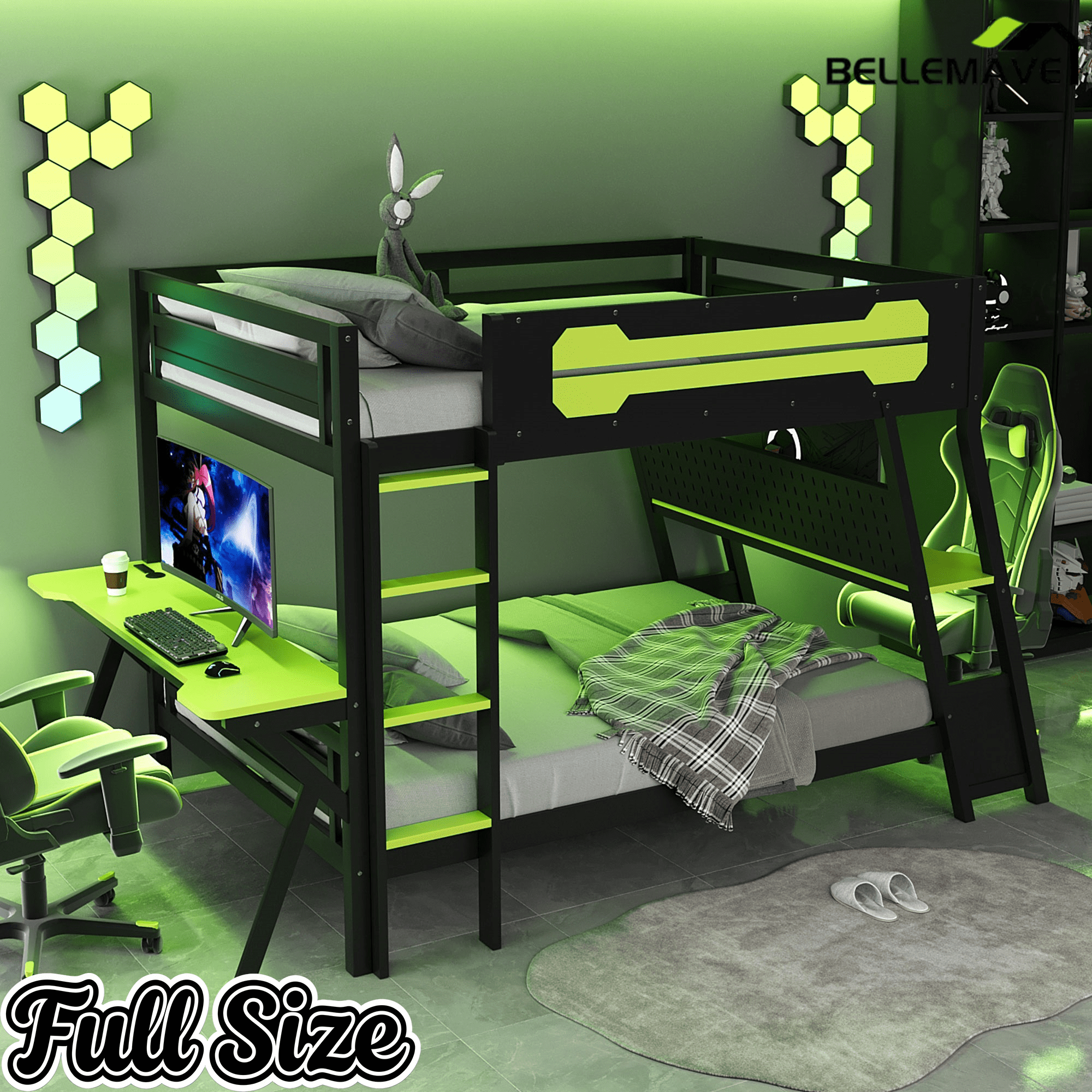 Bellemave® Gaming Bunk Bed with Desk, Storage & Charging Station, Wood Gamer Bunk Bed with 2 Desks - Bellemave