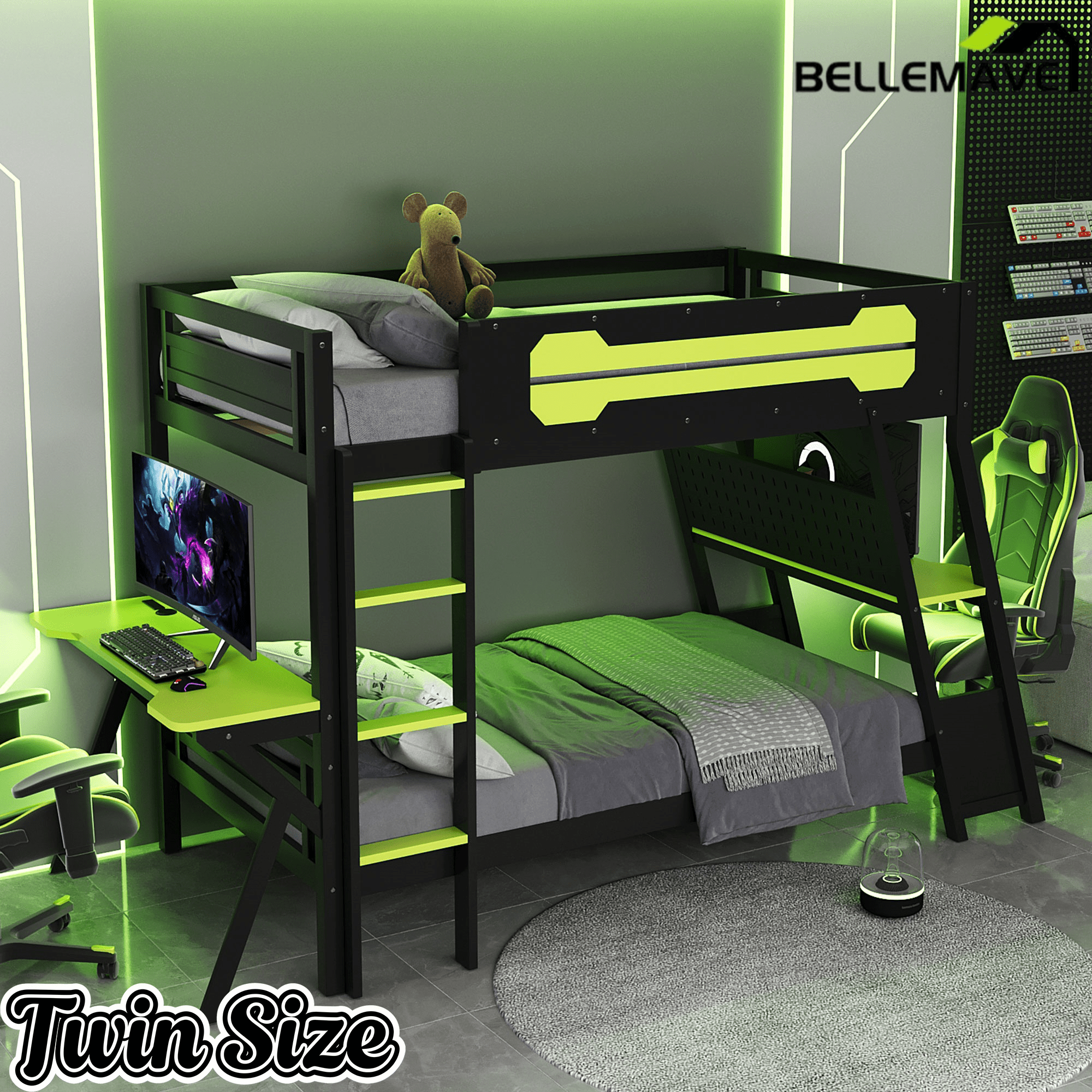 Bellemave® Gaming Bunk Bed with Desk, Storage & Charging Station, Wood Gamer Bunk Bed with 2 Desks - Bellemave