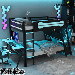 Bellemave® Gaming Bunk Bed with Desk, Storage & Charging Station, Wood Gamer Bunk Bed with 2 Desks - Bellemave