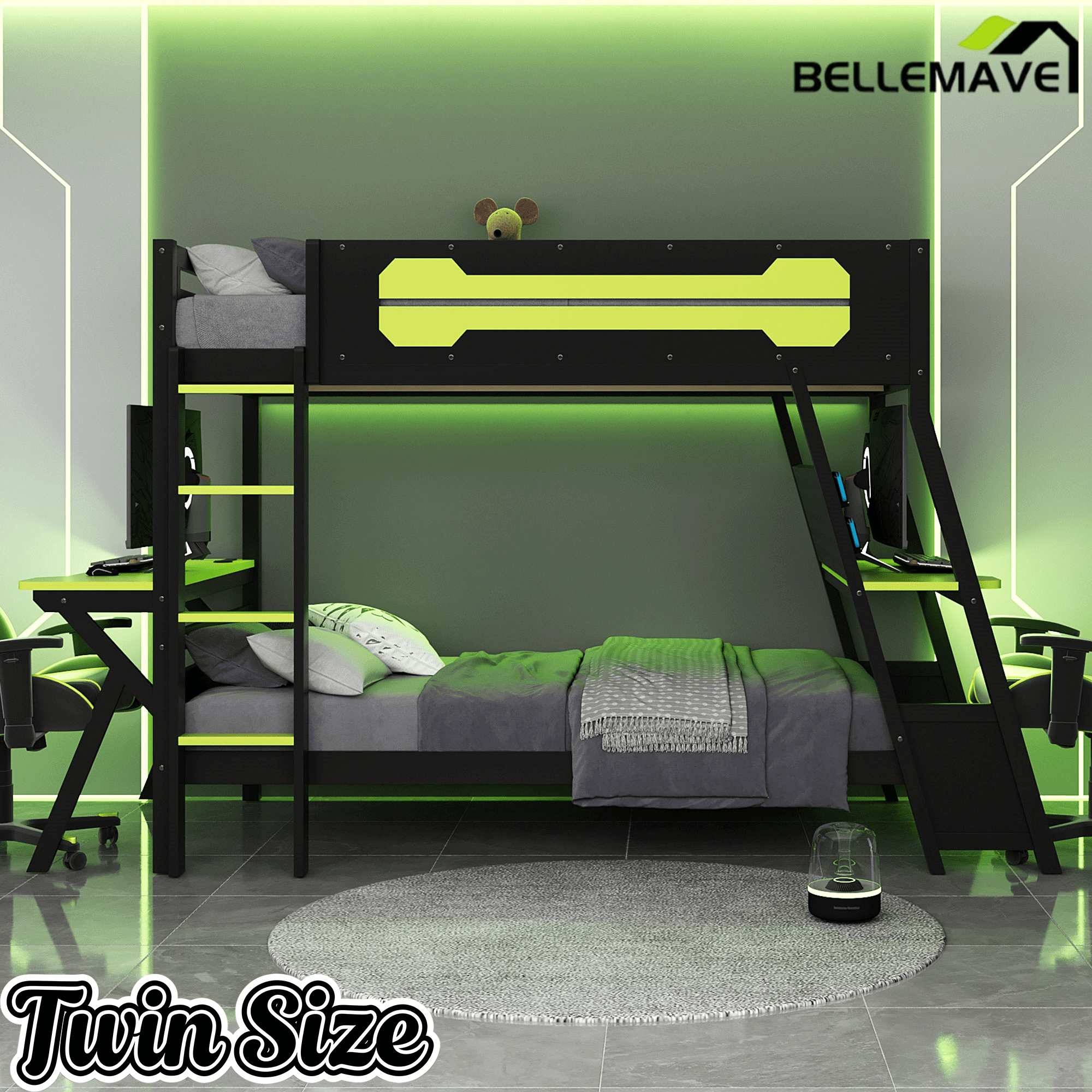 Bellemave® Gaming Bunk Bed with Desk, Storage & Charging Station, Wood Gamer Bunk Bed with 2 Desks - Bellemave