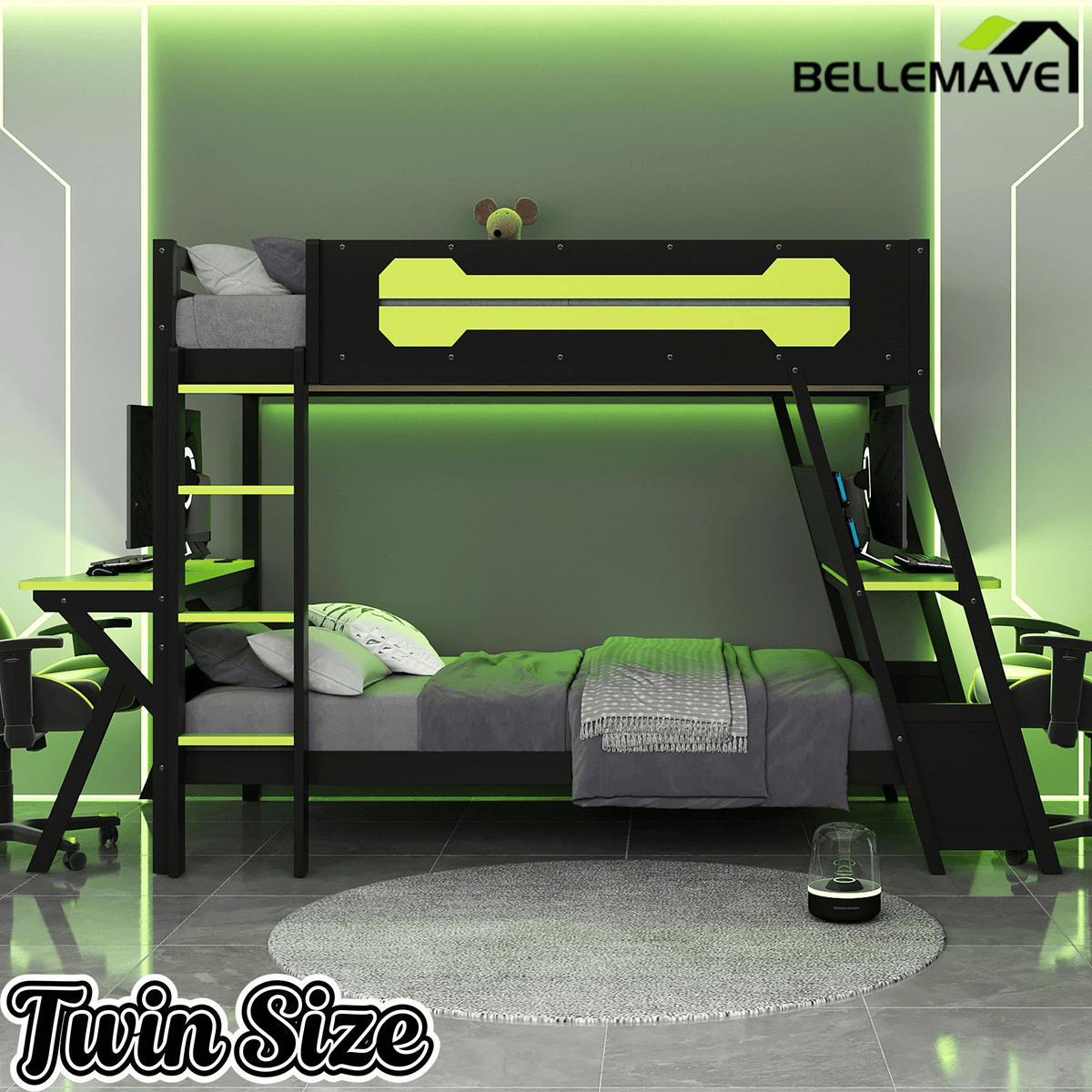 Bellemave® Gaming Bunk Bed with Desk, Storage & Charging Station, Wood Gamer Bunk Bed with 2 Desks - Bellemave
