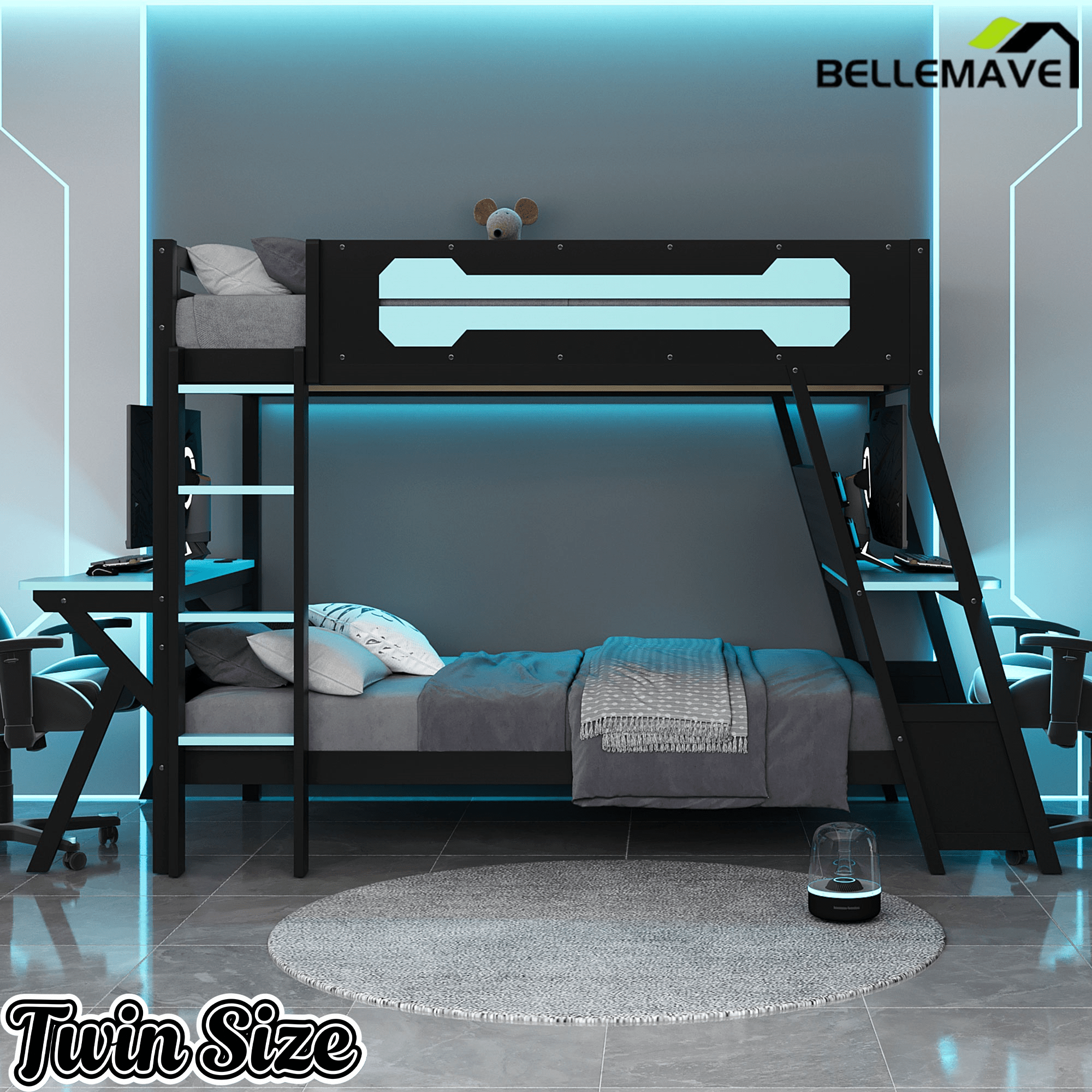Bellemave® Gaming Bunk Bed with Desk, Storage & Charging Station, Wood Gamer Bunk Bed with 2 Desks - Bellemave