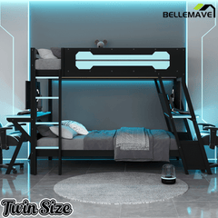 Bellemave® Gaming Bunk Bed with Desk, Storage & Charging Station, Wood Gamer Bunk Bed with 2 Desks - Bellemave