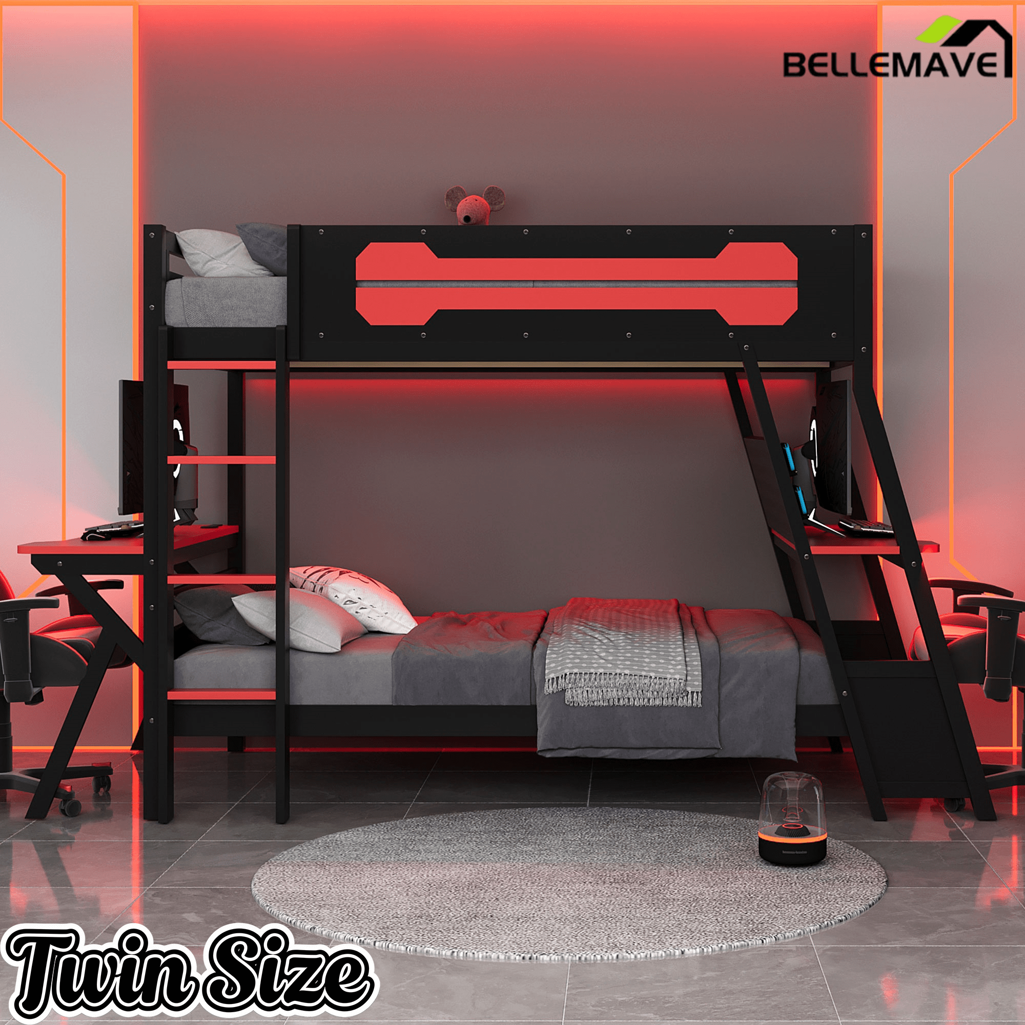 Bellemave® Gaming Bunk Bed with Desk, Storage & Charging Station, Wood Gamer Bunk Bed with 2 Desks - Bellemave