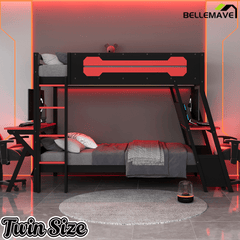 Bellemave® Gaming Bunk Bed with Desk, Storage & Charging Station, Wood Gamer Bunk Bed with 2 Desks - Bellemave