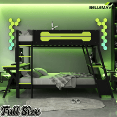 Bellemave® Gaming Bunk Bed with Desk, Storage & Charging Station, Wood Gamer Bunk Bed with 2 Desks - Bellemave