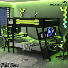 Bellemave® Gaming Bunk Bed with Desk, Storage & Charging Station, Wood Gamer Bunk Bed with 2 Desks - Bellemave