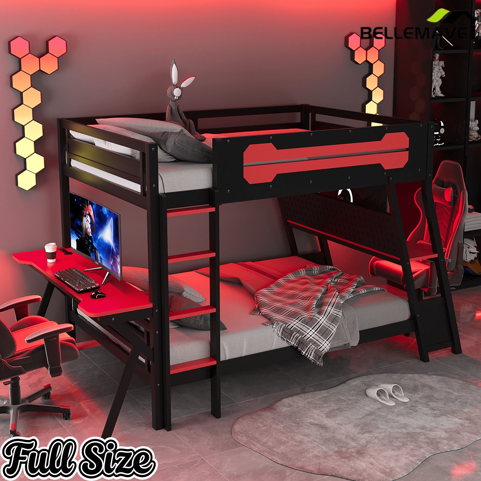 Bellemave® Gaming Bunk Bed with Desk, Storage & Charging Station, Wood Gamer Bunk Bed with 2 Desks - Bellemave