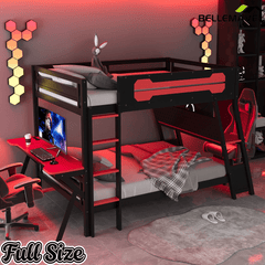 Bellemave® Gaming Bunk Bed with Desk, Storage & Charging Station, Wood Gamer Bunk Bed with 2 Desks - Bellemave