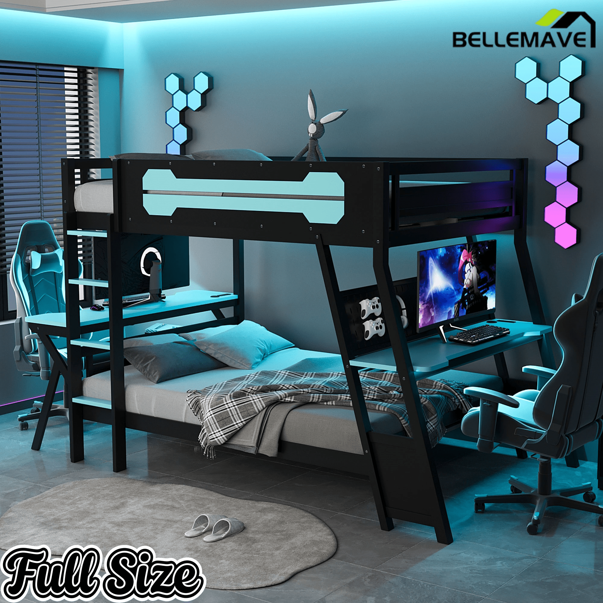 Bellemave® Gaming Bunk Bed with Desk, Storage & Charging Station, Wood Gamer Bunk Bed with 2 Desks - Bellemave