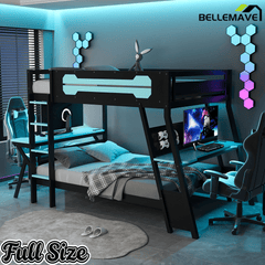 Bellemave® Gaming Bunk Bed with Desk, Storage & Charging Station, Wood Gamer Bunk Bed with 2 Desks - Bellemave