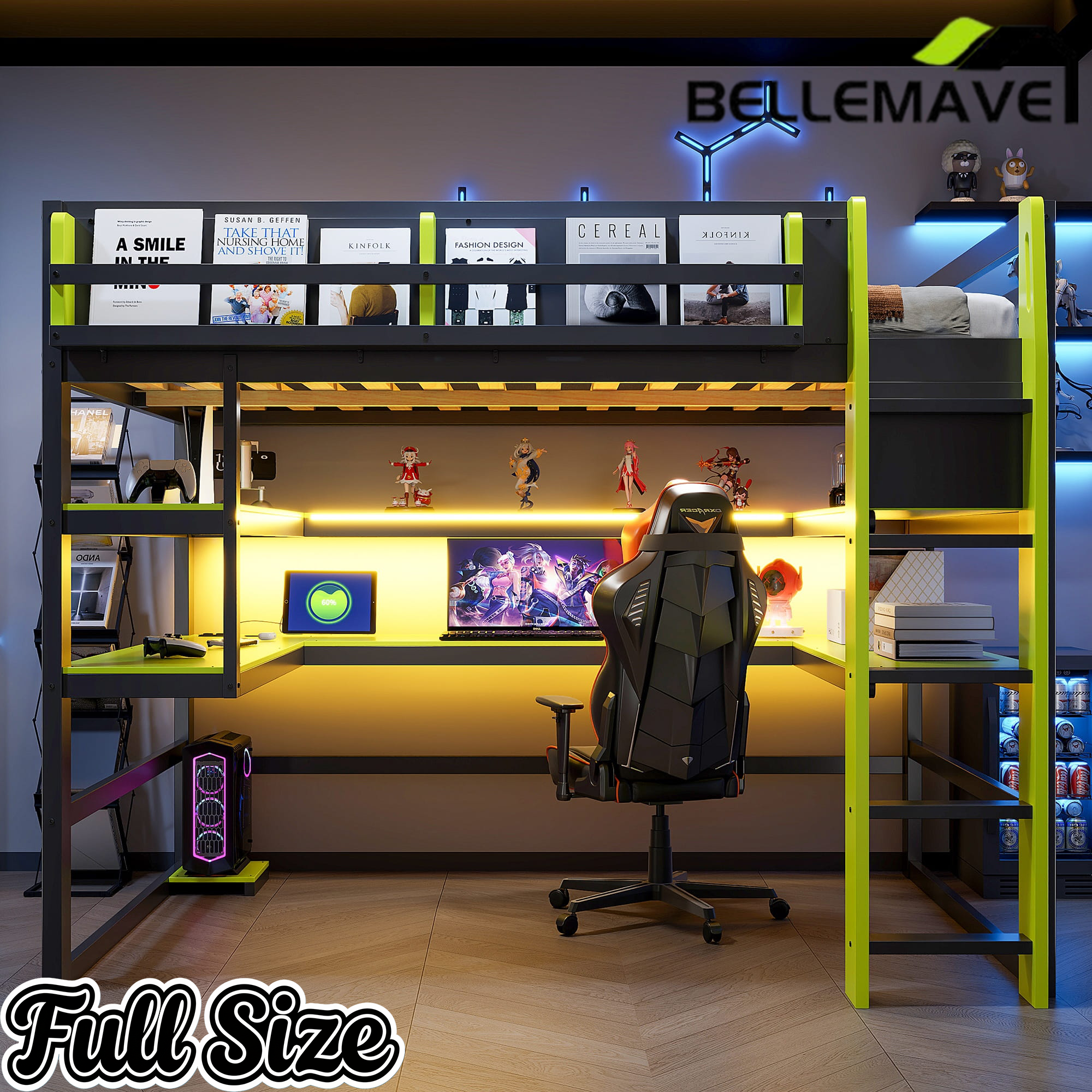 Bellemave® Gaming Loft Bed with Built - in Desk & Storage Shelves for Teens/Adults Bedroom, Space - Saving Wooden Bed Frame with LED & Side Race - Bellemave