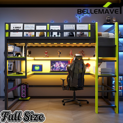 Bellemave® Gaming Loft Bed with Built - in Desk & Storage Shelves for Teens/Adults Bedroom, Space - Saving Wooden Bed Frame with LED & Side Race - Bellemave