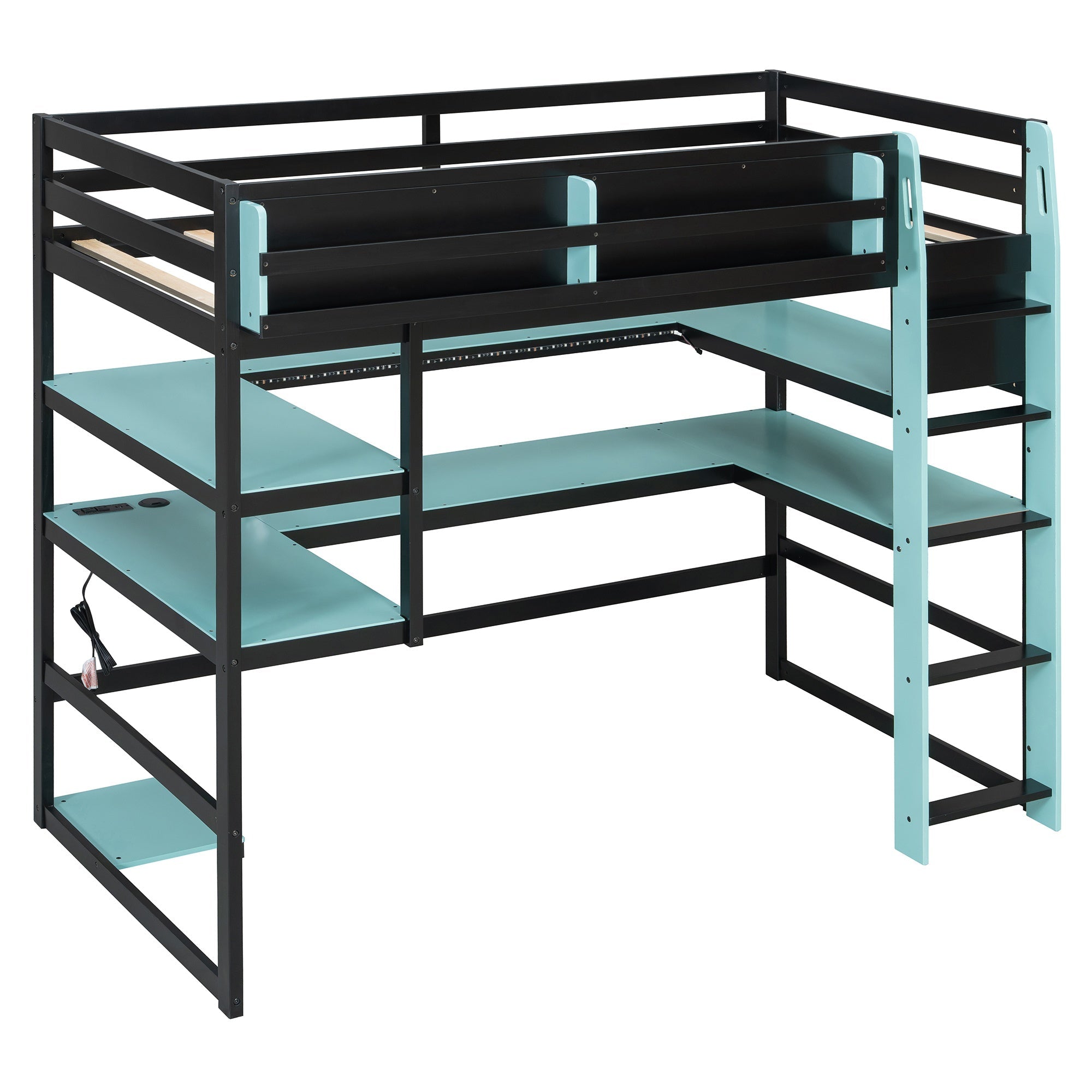 Bellemave® Gaming Loft Bed with Built - in Desk & Storage Shelves for Teens/Adults Bedroom, Space - Saving Wooden Bed Frame with LED & Side Race - Bellemave