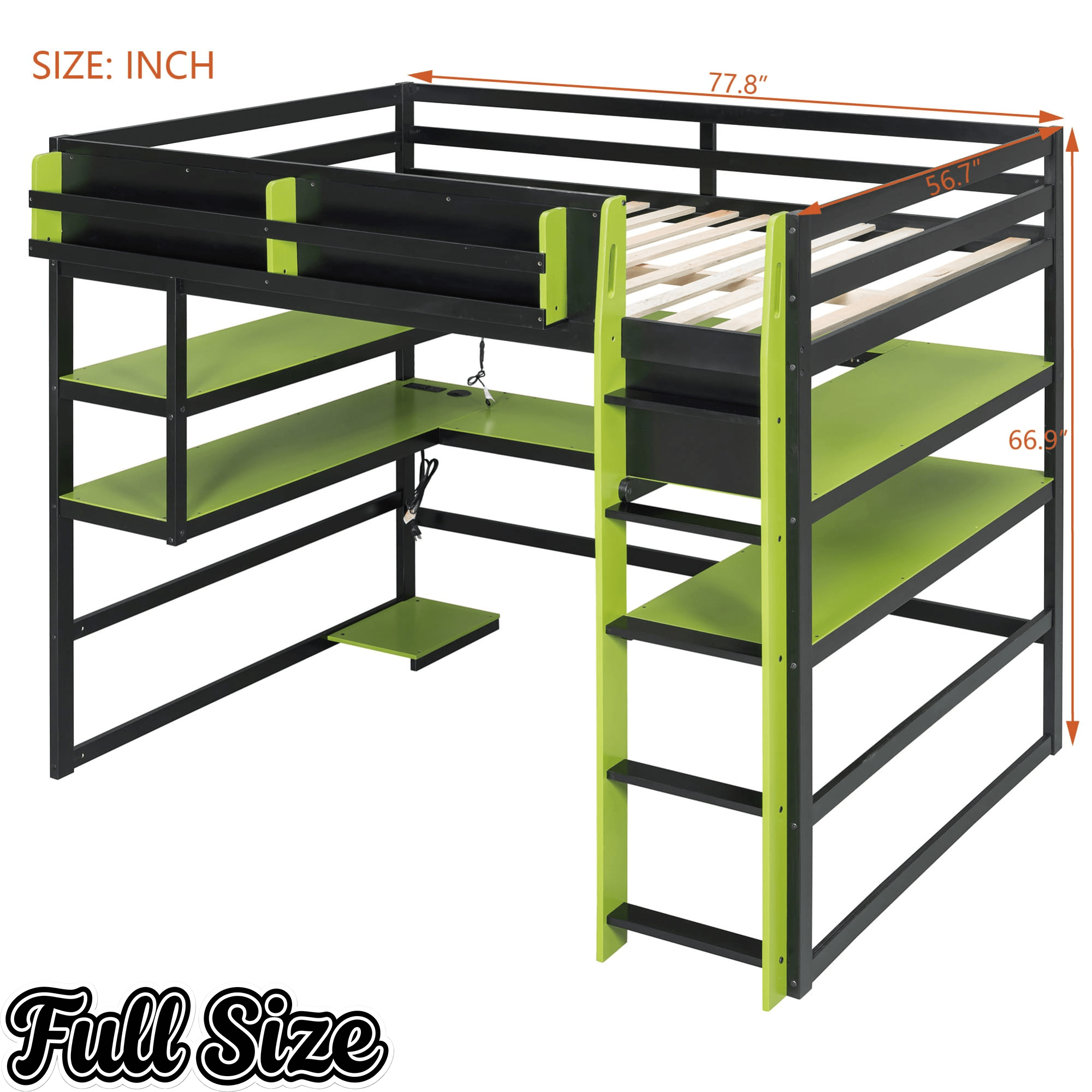 Bellemave® Gaming Loft Bed with Built - in Desk & Storage Shelves for Teens/Adults Bedroom, Space - Saving Wooden Bed Frame with LED & Side Race - Bellemave