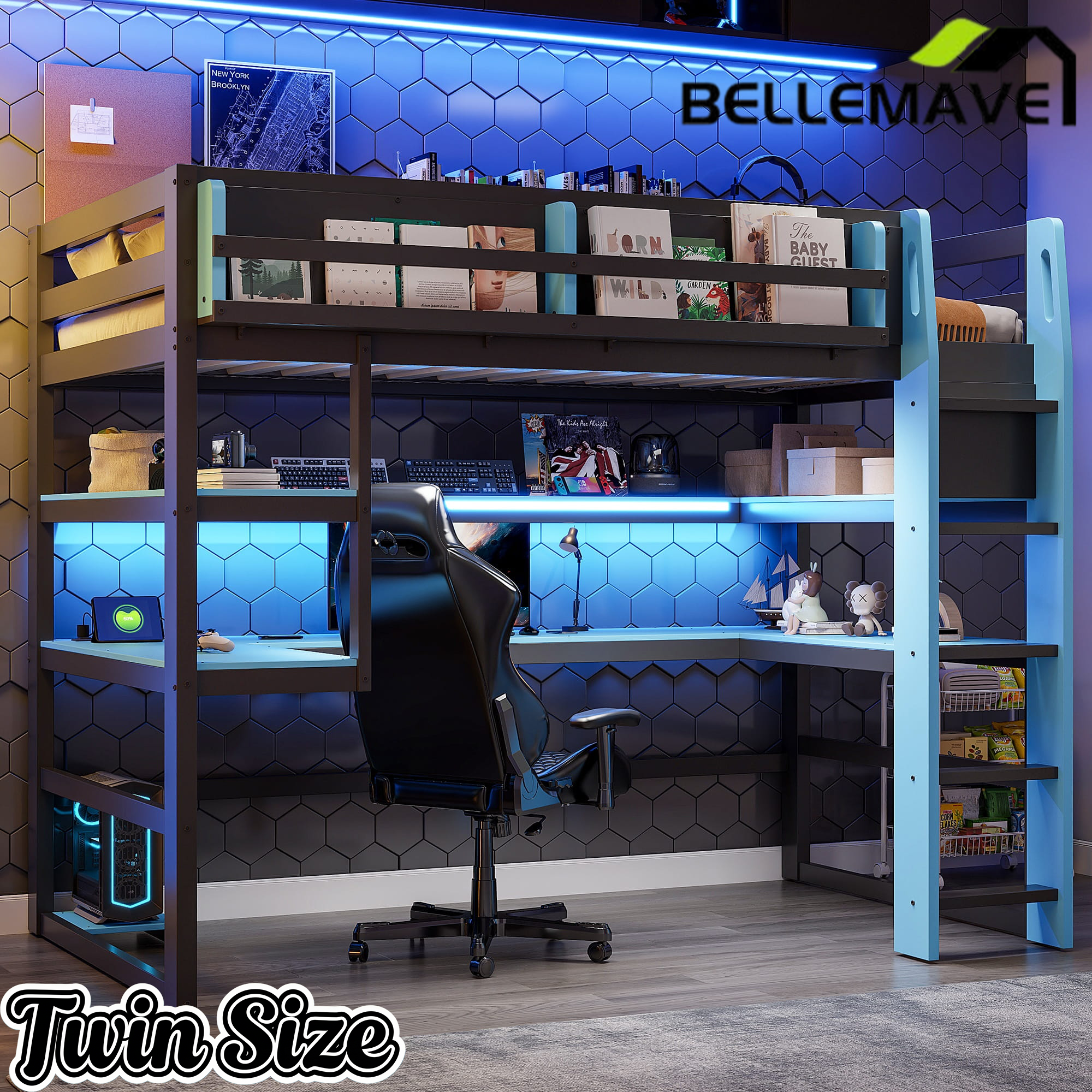 Bellemave® Gaming Loft Bed with Built - in Desk & Storage Shelves for Teens/Adults Bedroom, Space - Saving Wooden Bed Frame with LED & Side Race - Bellemave