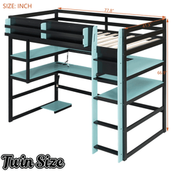 Bellemave® Gaming Loft Bed with Built - in Desk & Storage Shelves for Teens/Adults Bedroom, Space - Saving Wooden Bed Frame with LED & Side Race - Bellemave
