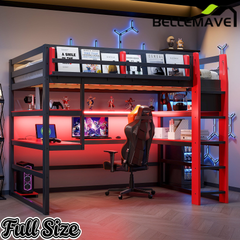 Bellemave® Gaming Loft Bed with Built - in Desk & Storage Shelves for Teens/Adults Bedroom, Space - Saving Wooden Bed Frame with LED & Side Race - Bellemave