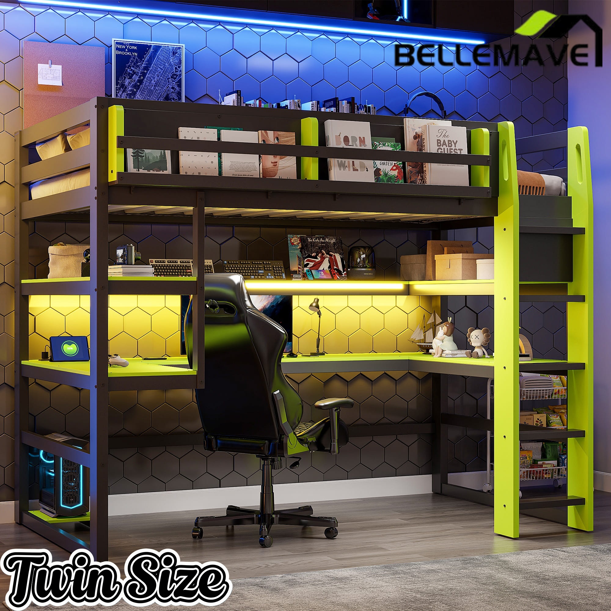 Bellemave® Gaming Loft Bed with Built - in Desk & Storage Shelves for Teens/Adults Bedroom, Space - Saving Wooden Bed Frame with LED & Side Race - Bellemave
