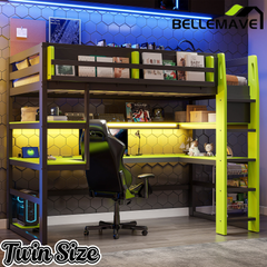 Bellemave® Gaming Loft Bed with Built - in Desk & Storage Shelves for Teens/Adults Bedroom, Space - Saving Wooden Bed Frame with LED & Side Race - Bellemave